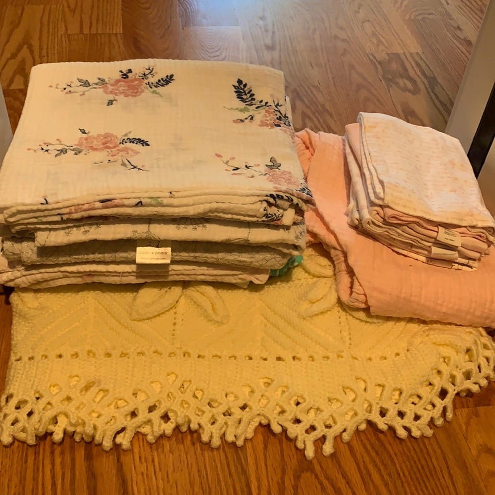 BUNDLED Baby girl blanket, swaddles, burp cloths